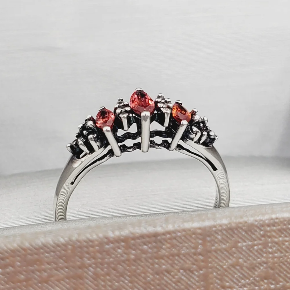 Genuine Red Marquise Ruby 925 Sterling Silver Three Stone Ring